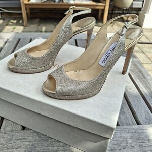 Jimmy Choo Nova Sparkling Silvery/Goldish  Peep-Toe Sling Back Heels